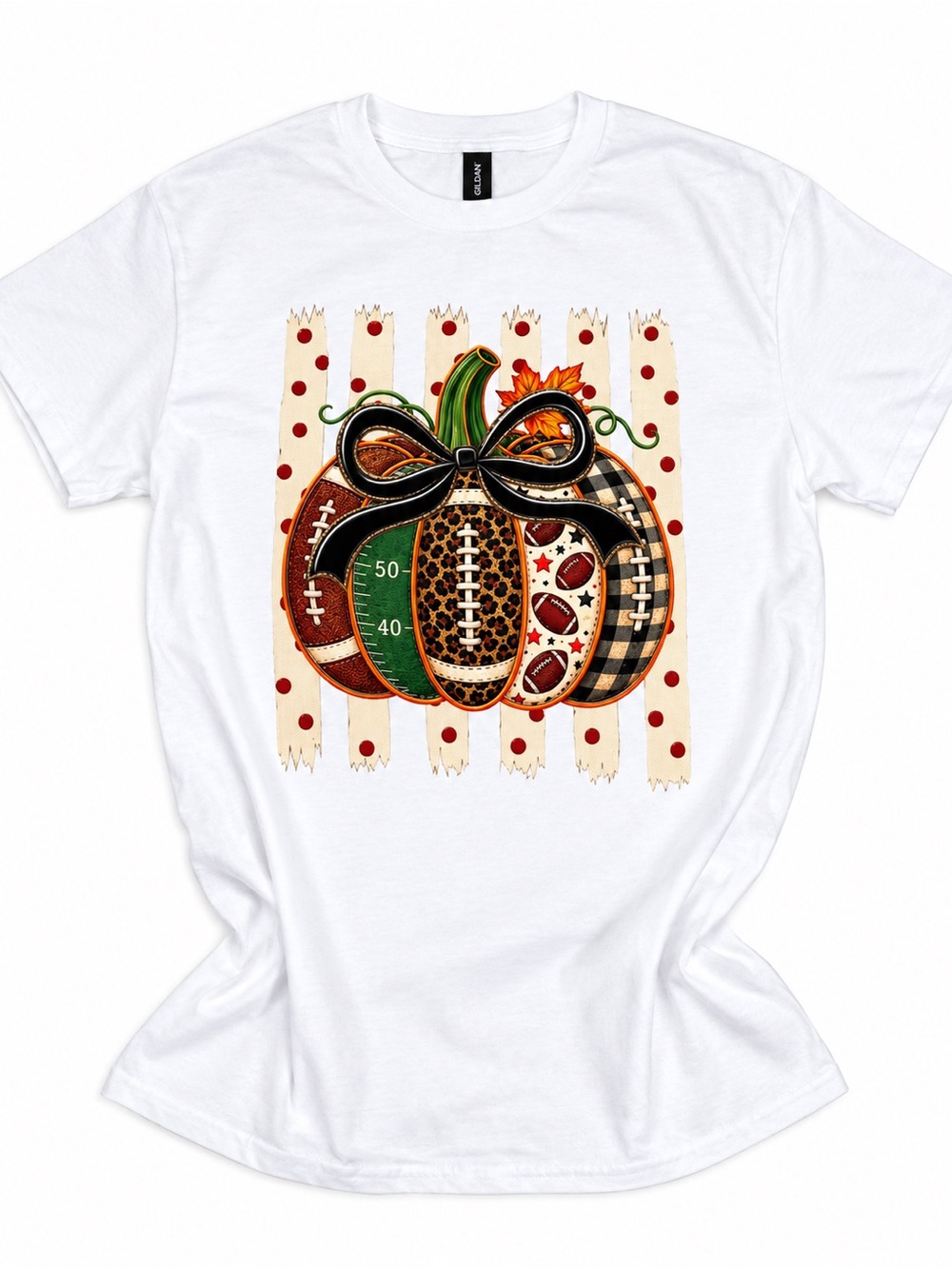 White Football Pumpkin Graphic Tee with Black Bow Cheetah Print